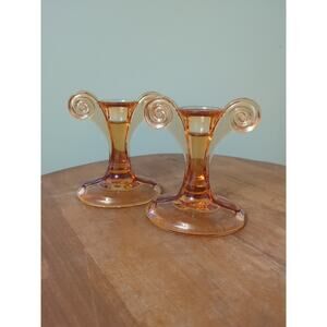 Fostoria Palm Leaf Or Grecian Pattern # 2395 1/2 Candlesticks In Topaz